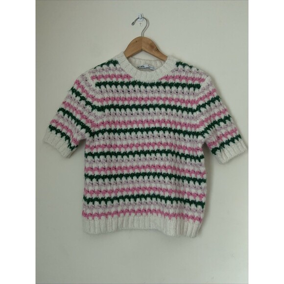 Zara Sweater Womens M  Pink Striped Green Open Knit Short Sleeve Soft Cozy - Picture 1 of 7